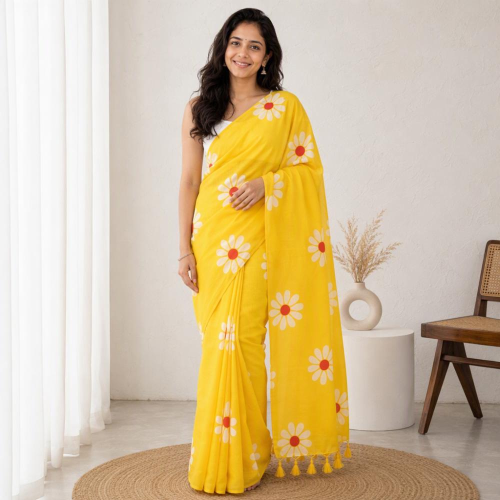 Women's Sunflower Floral Print Cotton Saree