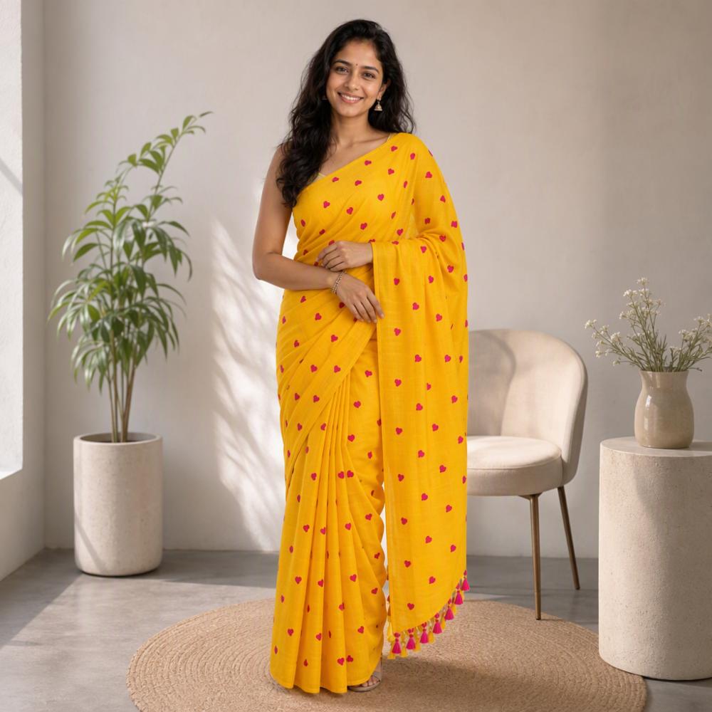 Yellow Cotton Saree with Heart Embroidery and Tassel Pallu
