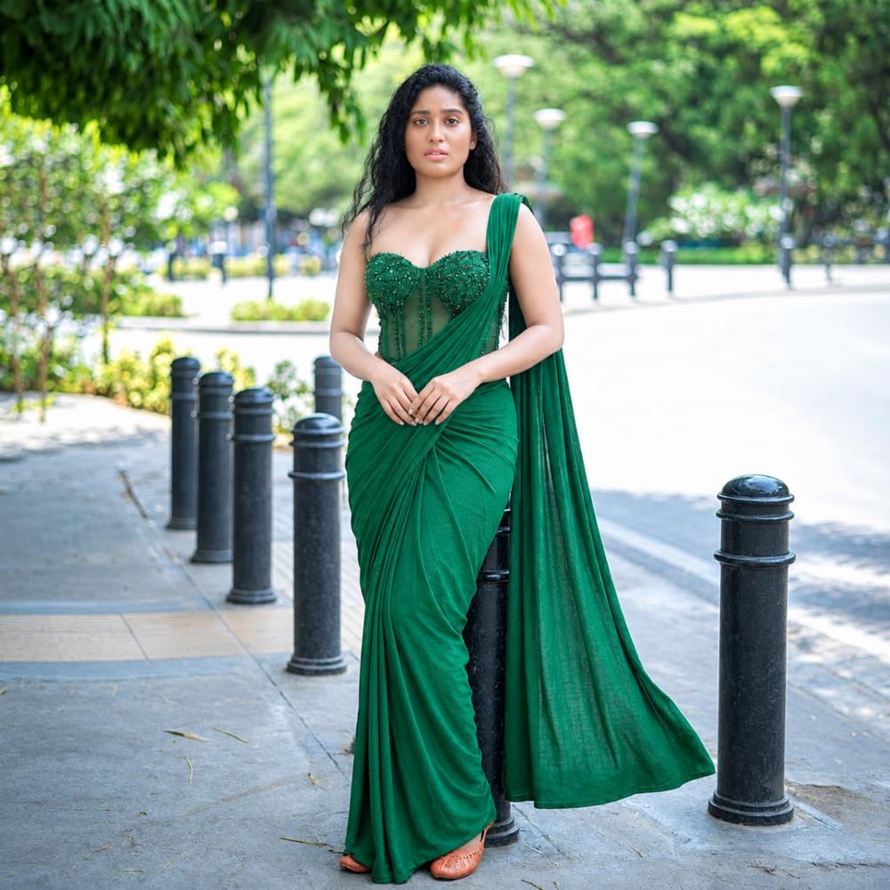 Bottle Green Viscose Bead Work Ready-to-Wear Saree with Corset Blouse