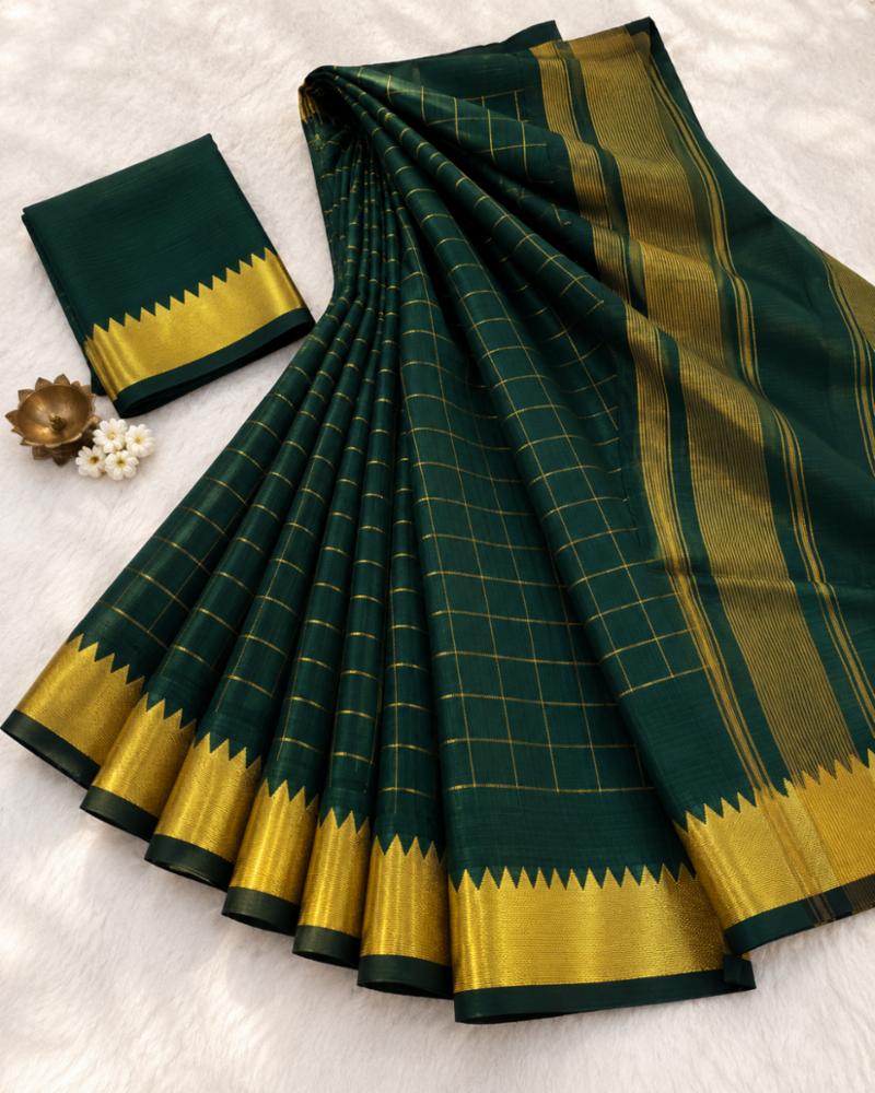 Womenâs Dark Green Gold Checks Saree with Golden Border