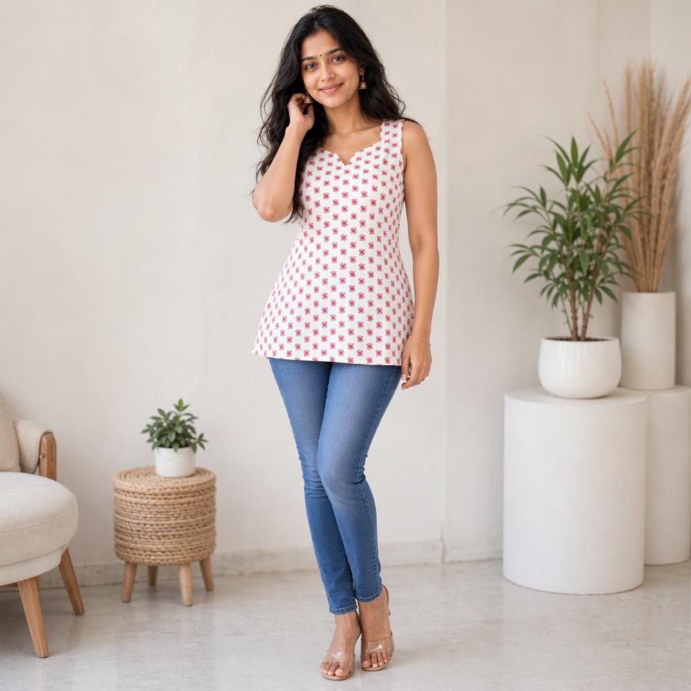 Womenâs Floral Printed Sleeveless A-Line Cotton Top