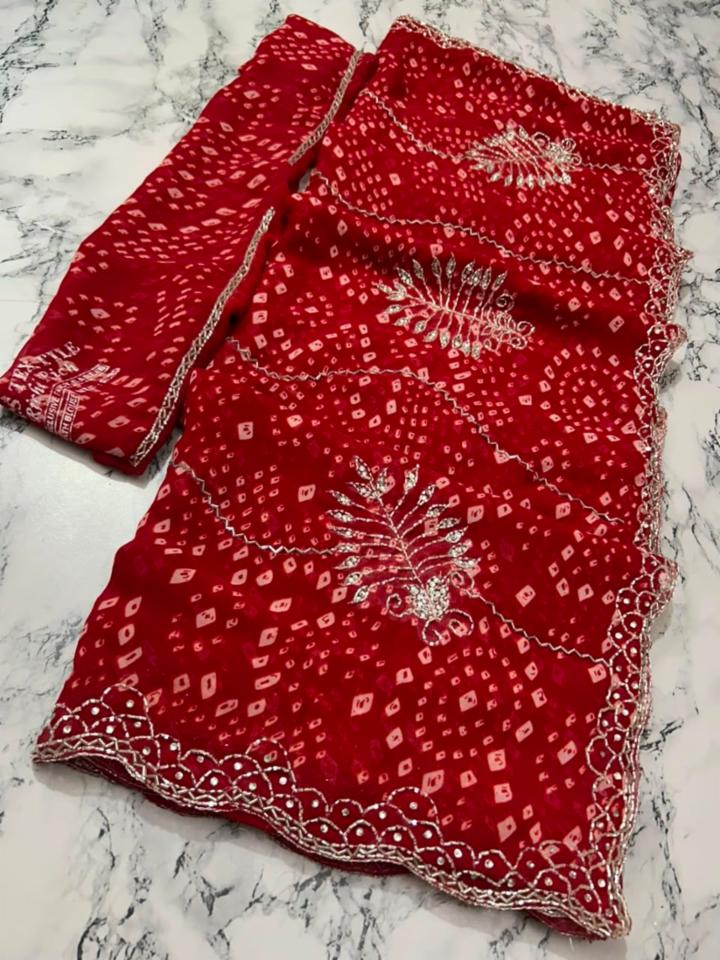 Red Synthetic Georgette Handwork Karwa Chauth Saree with Blouse