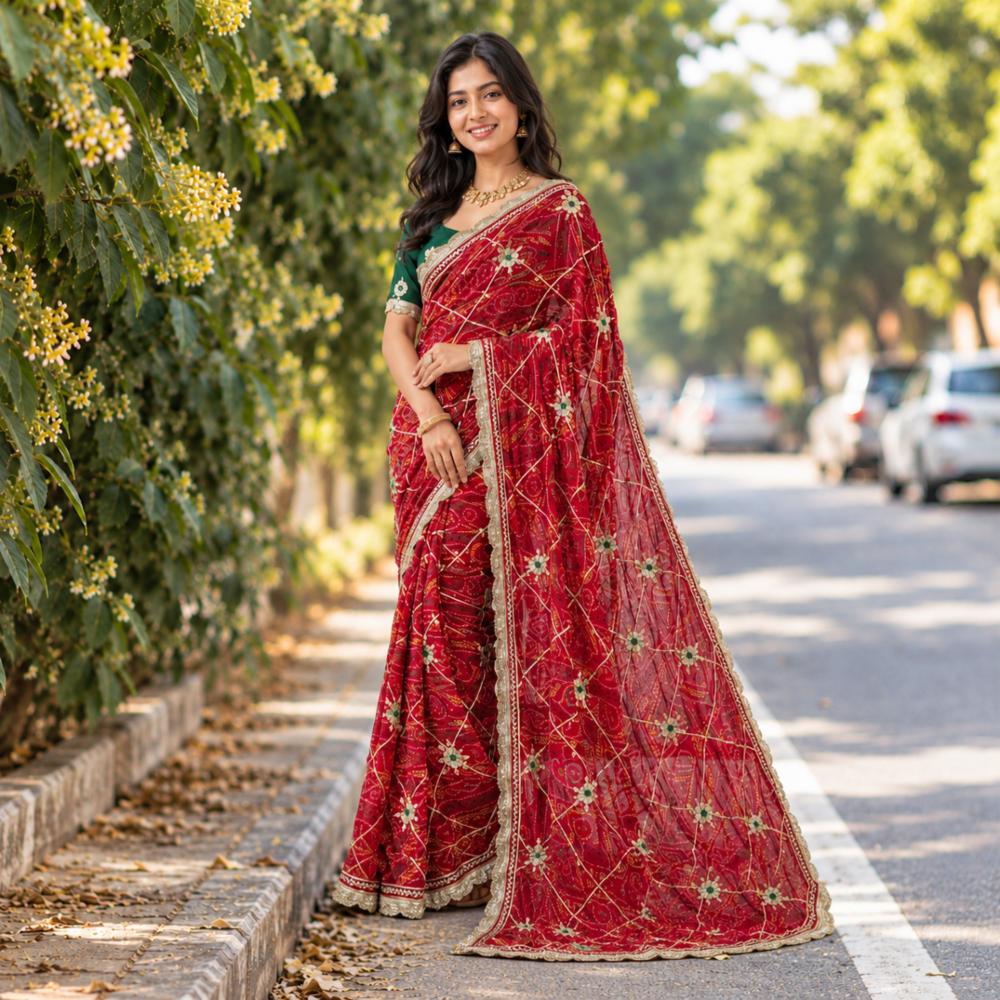 Red Bandhej Gota Jaal Work Georgette Saree with Blouse Piece