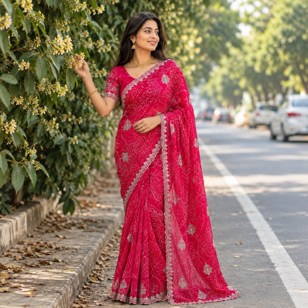 Red Synthetic Georgette Handwork Saree with Cutwork Border and Blouse