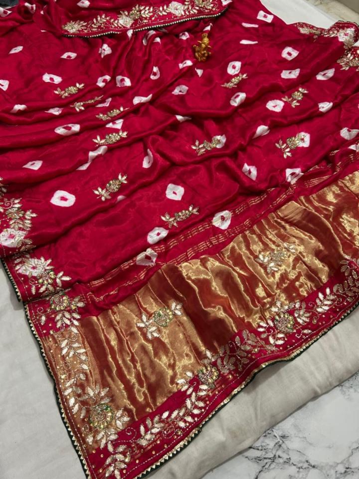 Red Gajji Silk Zari Hand Bandhani Saree with Blouse