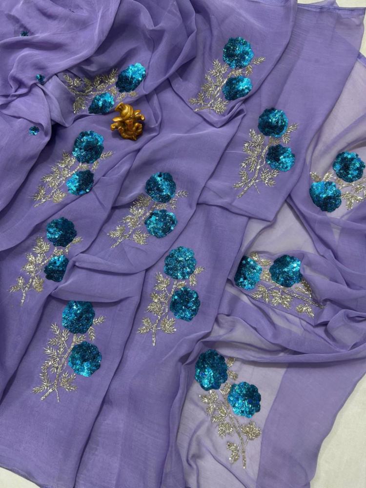Half Pure Chiffon Handwork Motif Saree with Roll Press