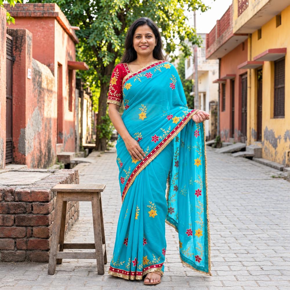 Original Georgette Saree with Kutdana Hand Work and Running Blouse
