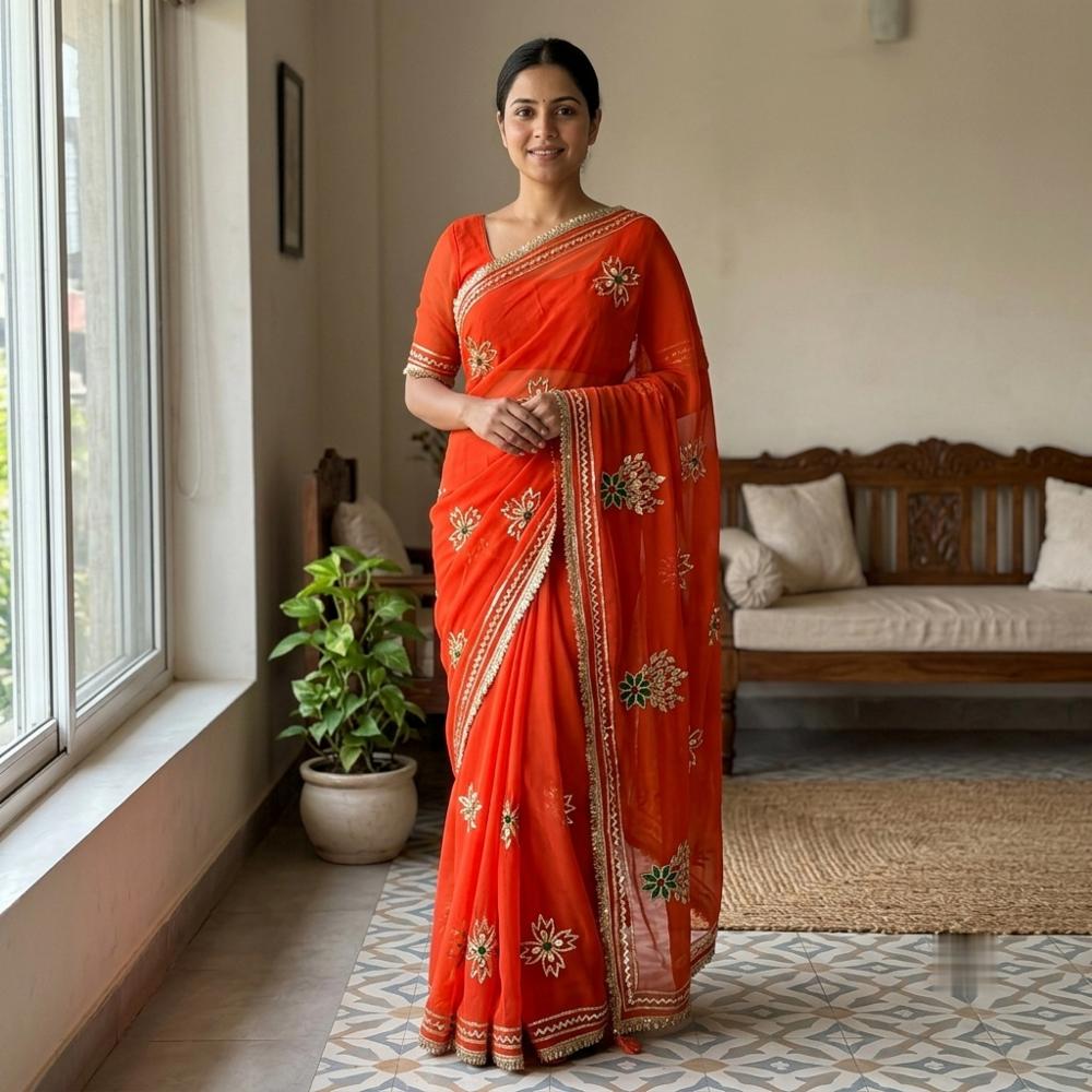 Georgette Saree with Gota Border and Blouse Piece