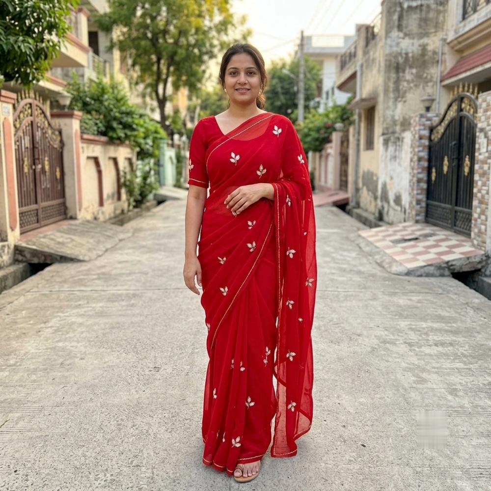 Georgette Bandhej Saree with Gota Patti Work, Multi Color