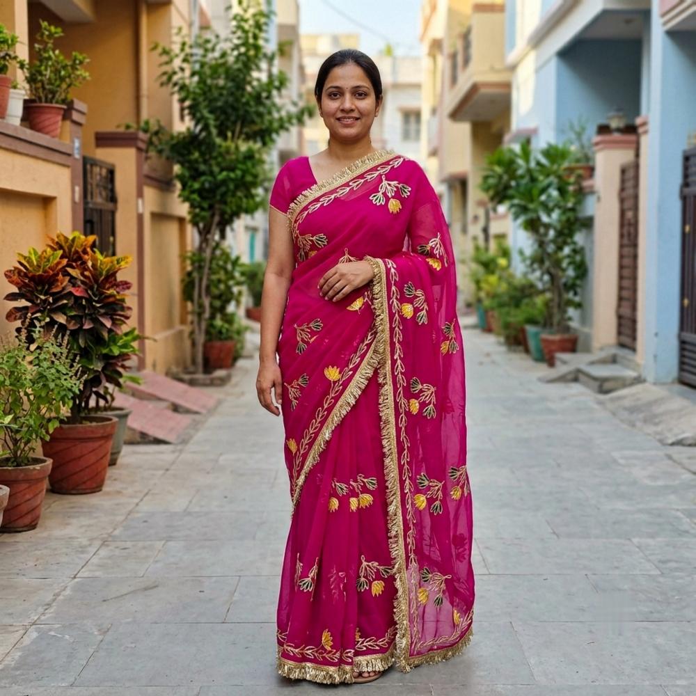 Multi Color Georgette Bandhej Saree with Gota Patti Work