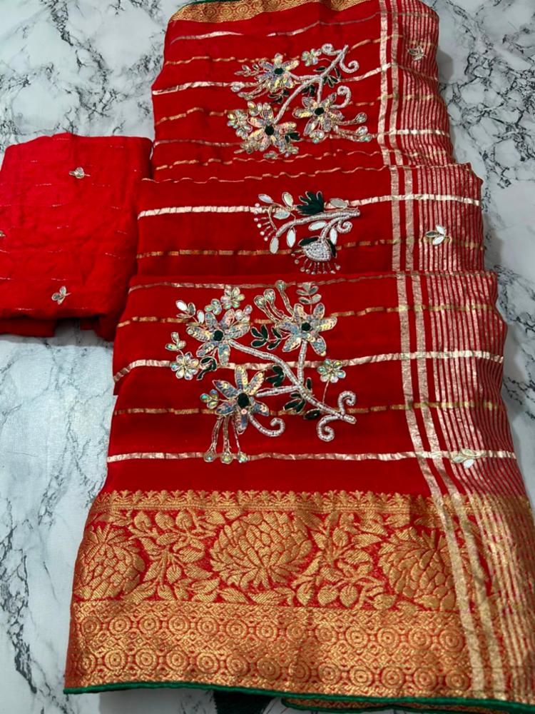 Red Pure Ho Silk Saree with Zari and Handwork Motifs