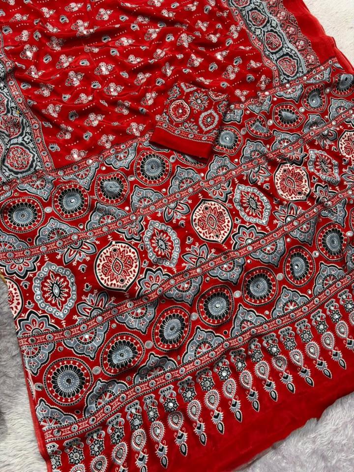 Ajrakh Pure Gajji Bandhej Silk Saree With Mirror Work!
