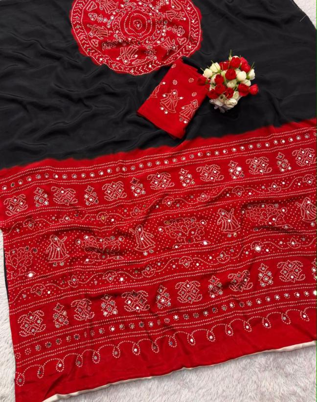 Ajrakh Pure Gajji Bandhej Silk Saree with Mirror Work and Blouse!