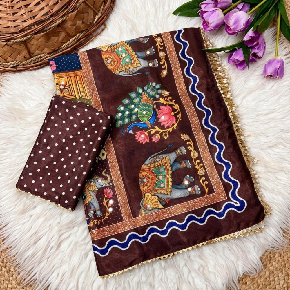Soft Chinon Silk Digital Print Saree with Real Mirror Handwork and Blouse
