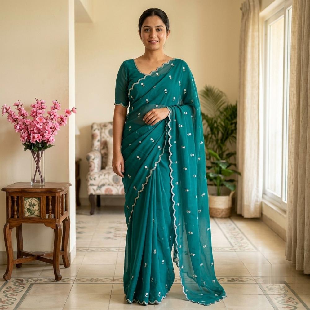 Fancy Bollywood Georgette Saree with Cutdana and Arco Border