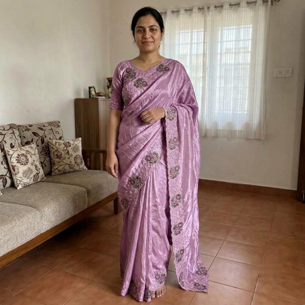 Satin Saree with Sequin Work and Heavy Blouse
