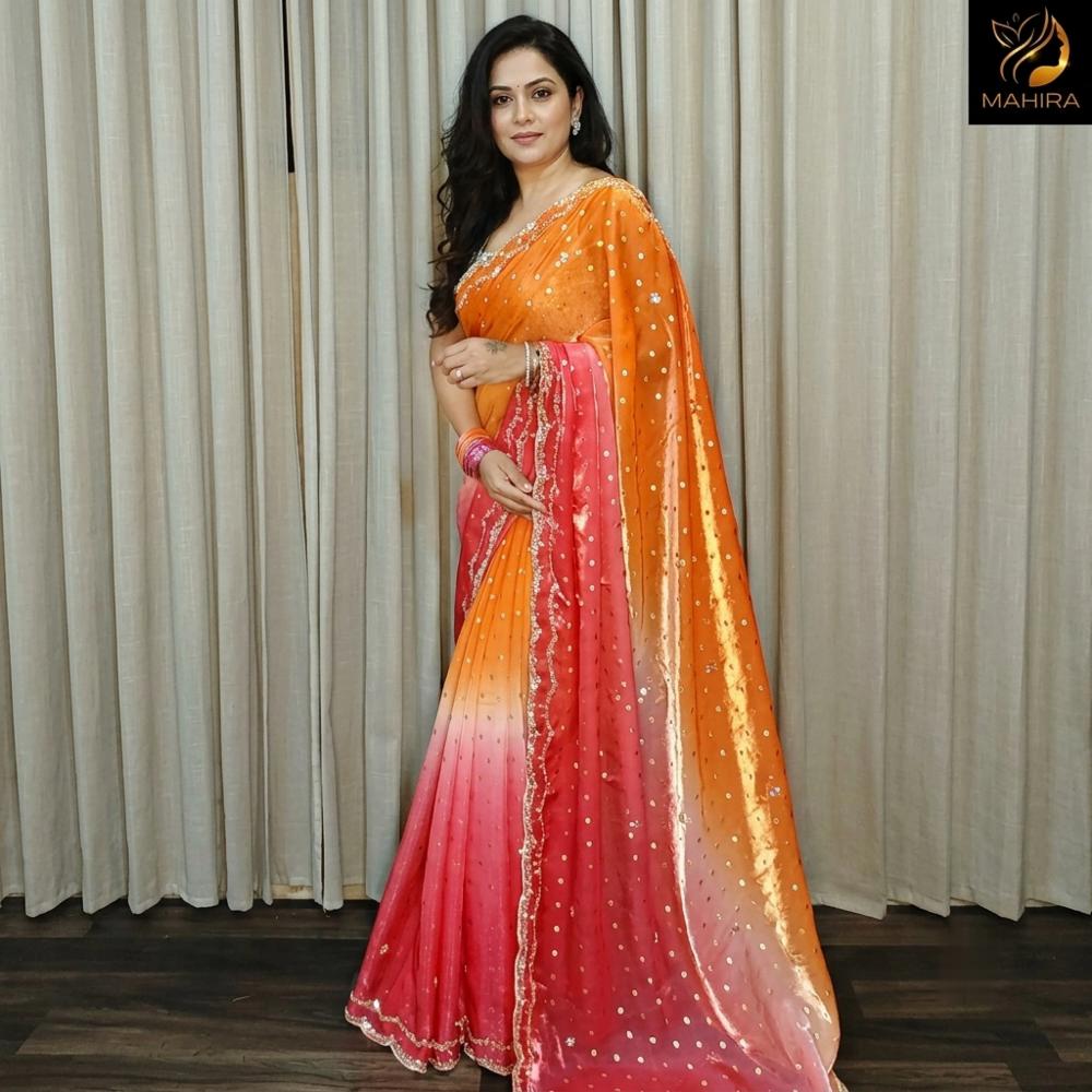 Tissue Saree with Zari Butties and Cutdana Sequence Border