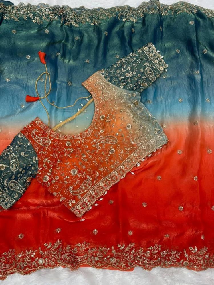 Fendy Satin Saree with Embroidery & Stitched Blouse!