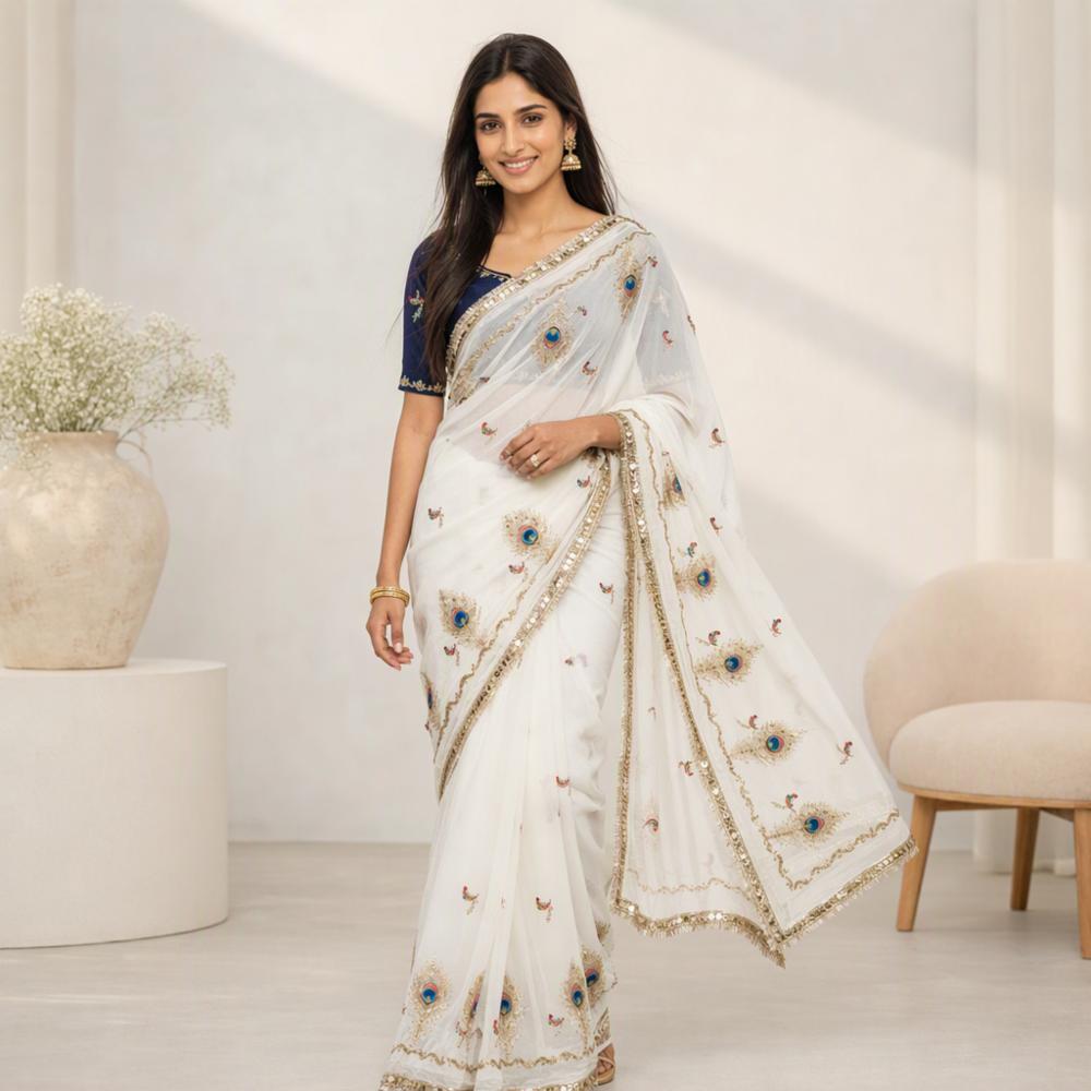 off White Georgette Saree with Heavy Embroidery and Blouse Piece