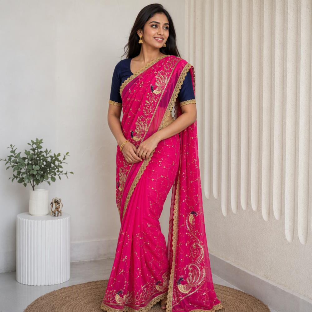 Georgette Saree with Heavy Embroidery and Blouse Piece