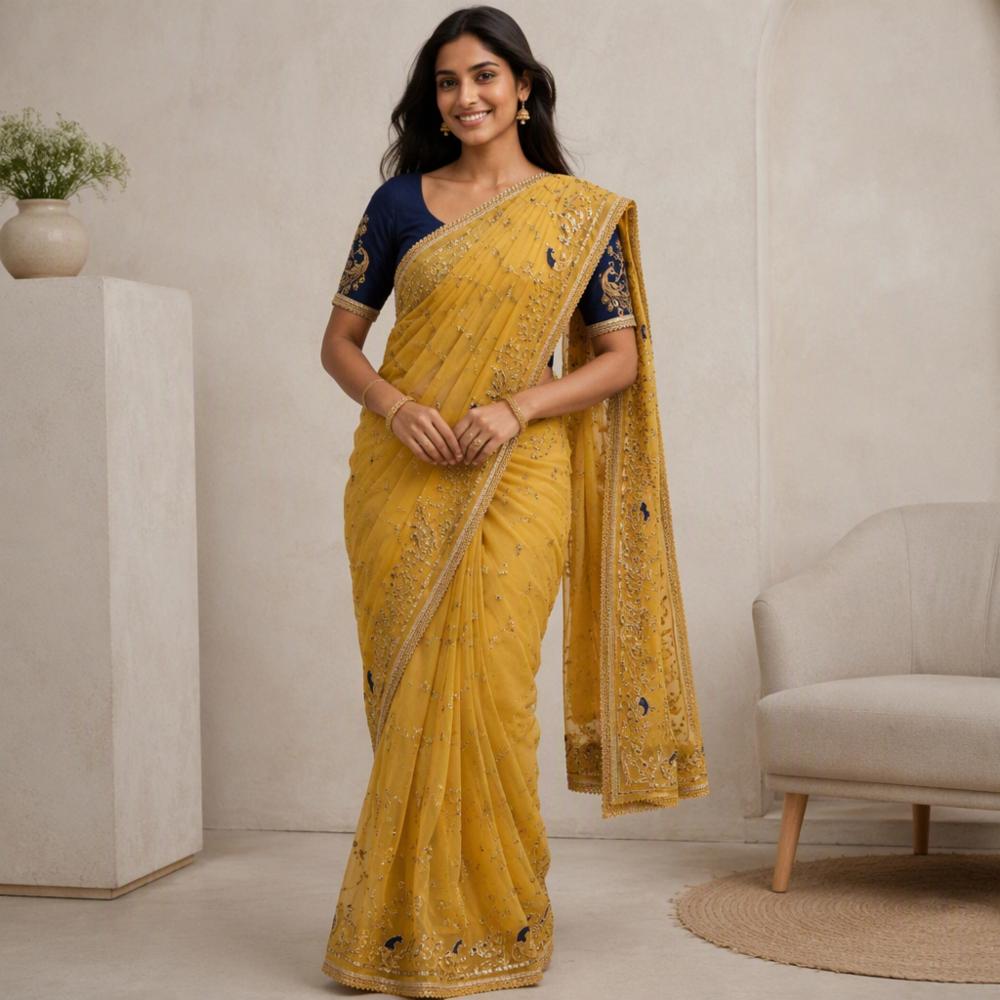 Georgette Embroidered Saree with Booti Work and Blouse Piece
