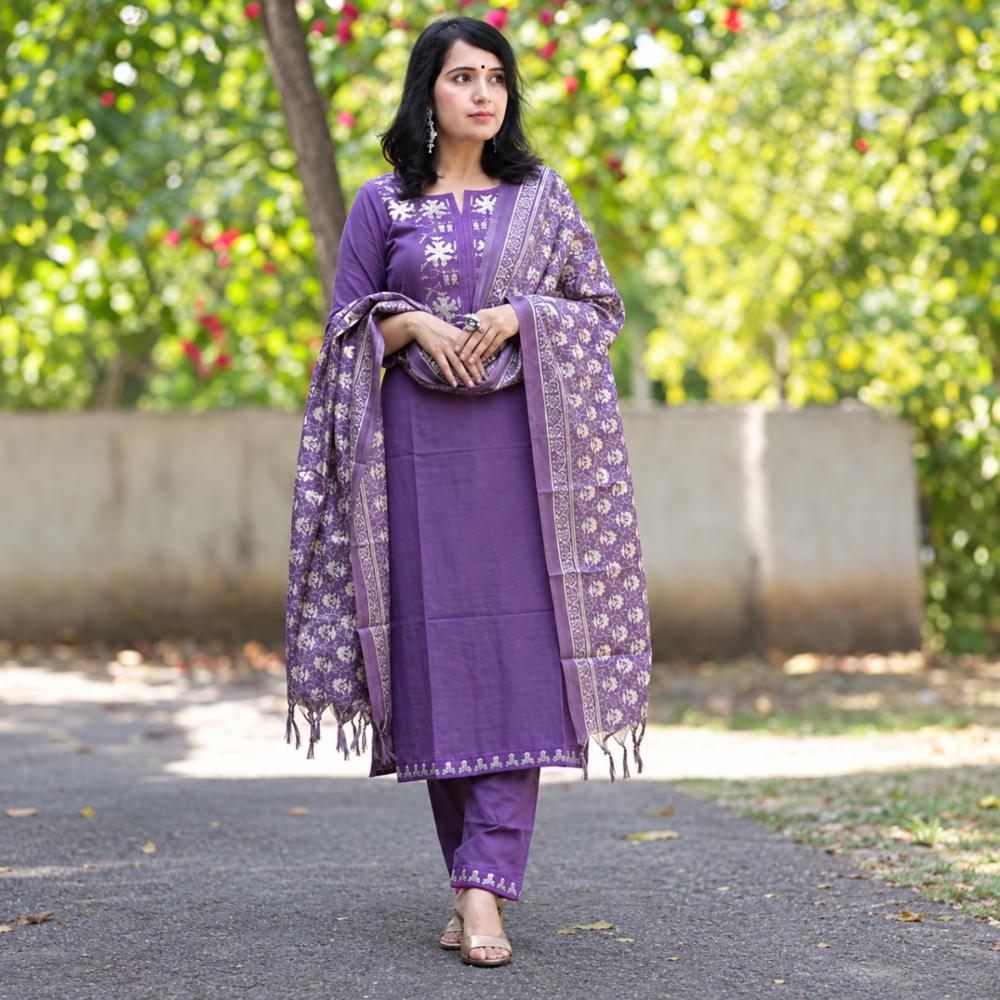Khadi Cotton Embroidered Kurti Set with Digital Print Dupatta