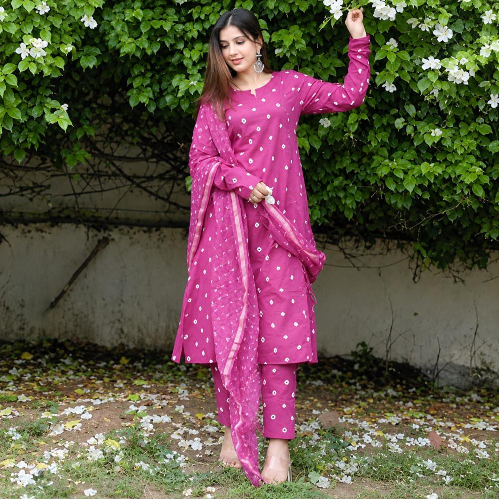 Pure Cotton Bandhani Handblock Kurti with Dupatta and Pants