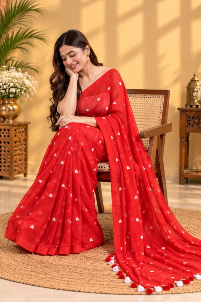 Women's Pure Soft Cotton Red Saree