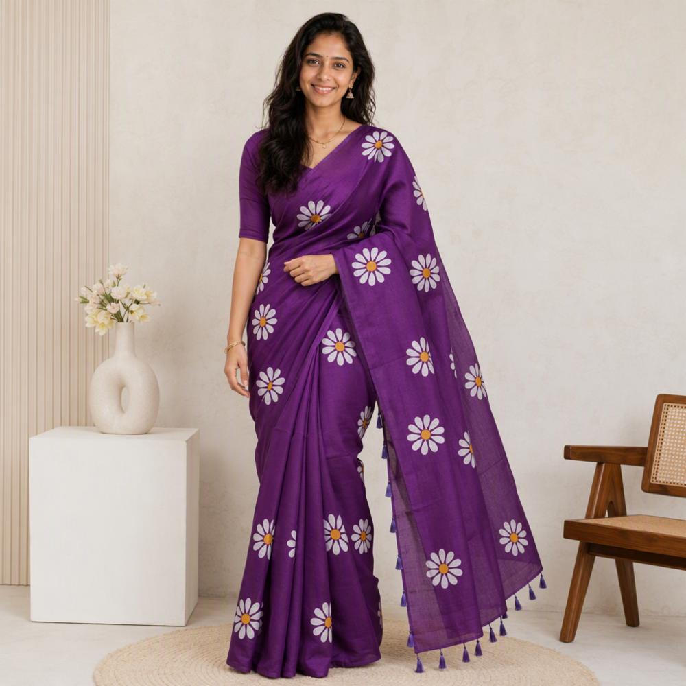 Purple Cotton Saree with Sunflower Hand Print and Blouse Piece