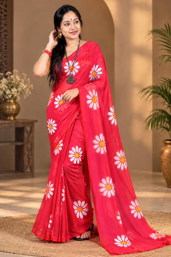 Bright Red Cotton Saree with Sunflower Hand Print and Blouse Piece