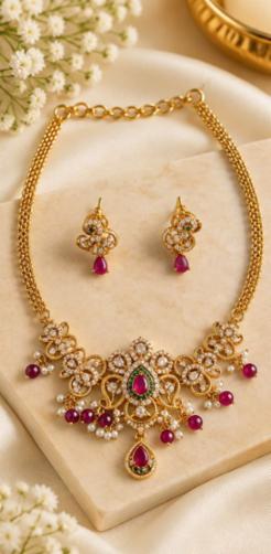 Elegant Ruby Stone Gold-Tone Necklace Set with Earrings