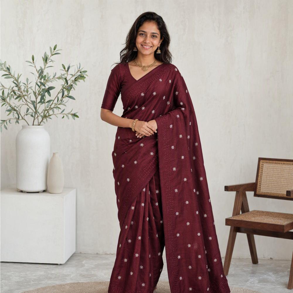 Maroon Cotton Silk Saree with Floral Embroidery