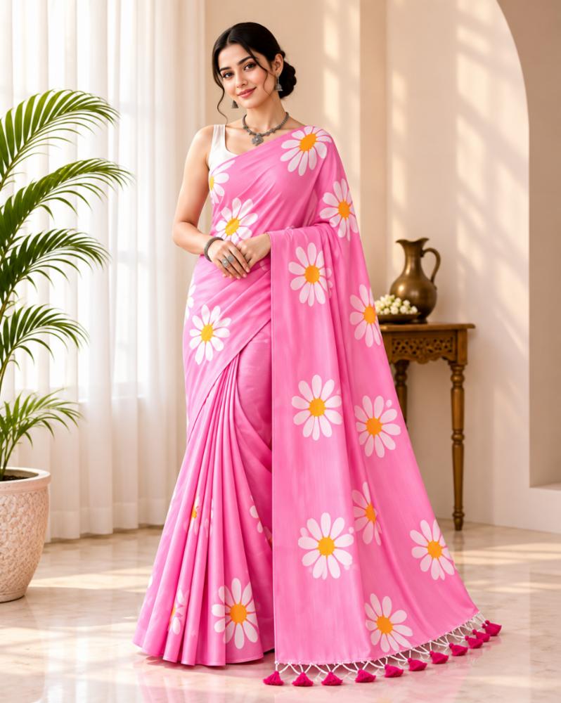 Baby Pink Cotton Saree with Sunflower Hand Print and Blouse Piece