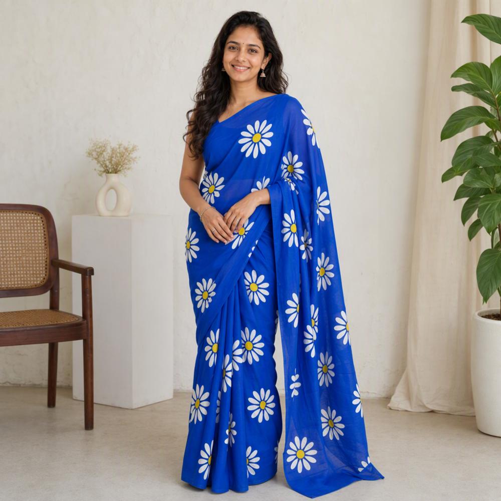 Royal Blue Cotton Saree with Sunflower Hand Print Motif and Blouse Piece