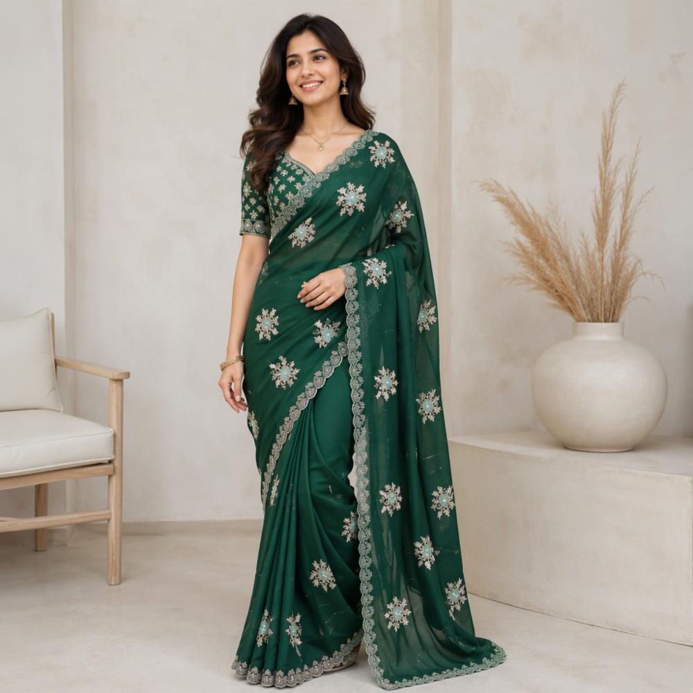 Elegant Silk Floral Embroidered Saree with Embellished Border