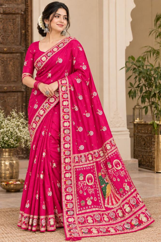 Premium Dola Silk Saree with Handwork, Beads & Mirror Work