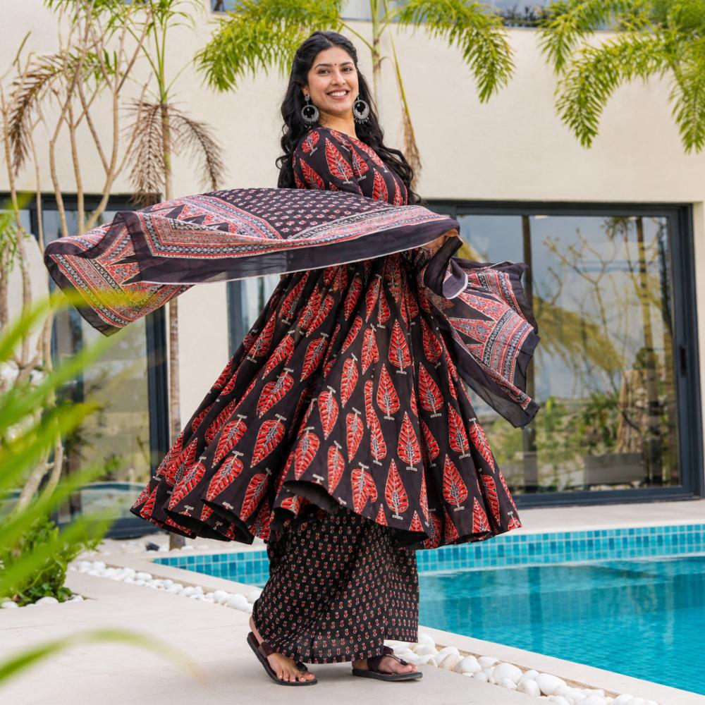 Cotton Anarkali Kurta Set with Sanganeri Print and Dupatta