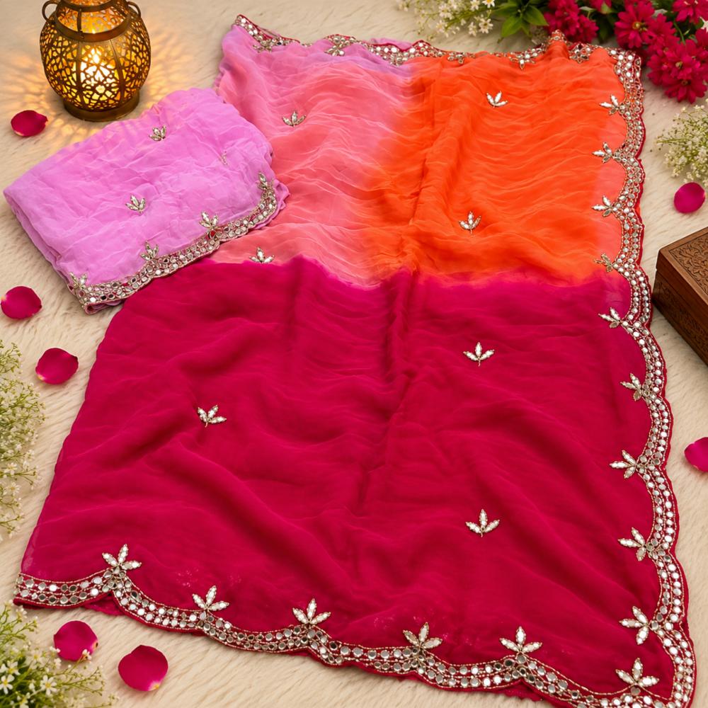 Half Pure Chiffon Saree with Multi Dai Print and Fancy Cutwork Border