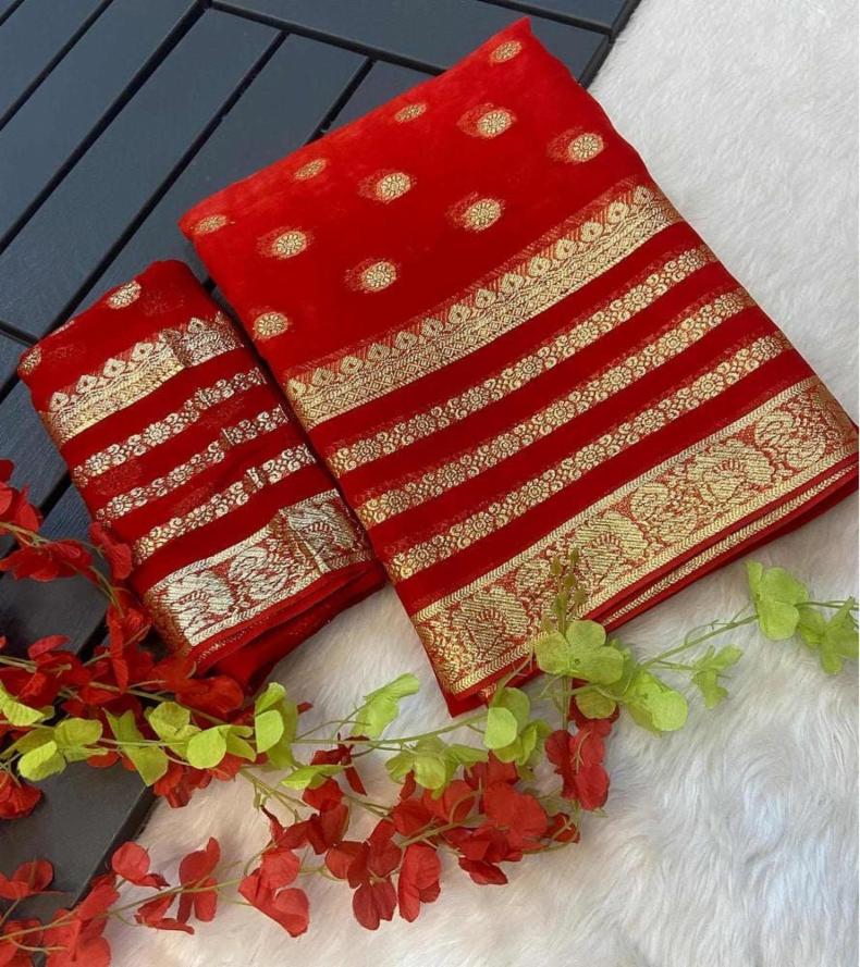 Pure Georgette Zari Saree with Contrast Blouse, Red for Karwa Chauth