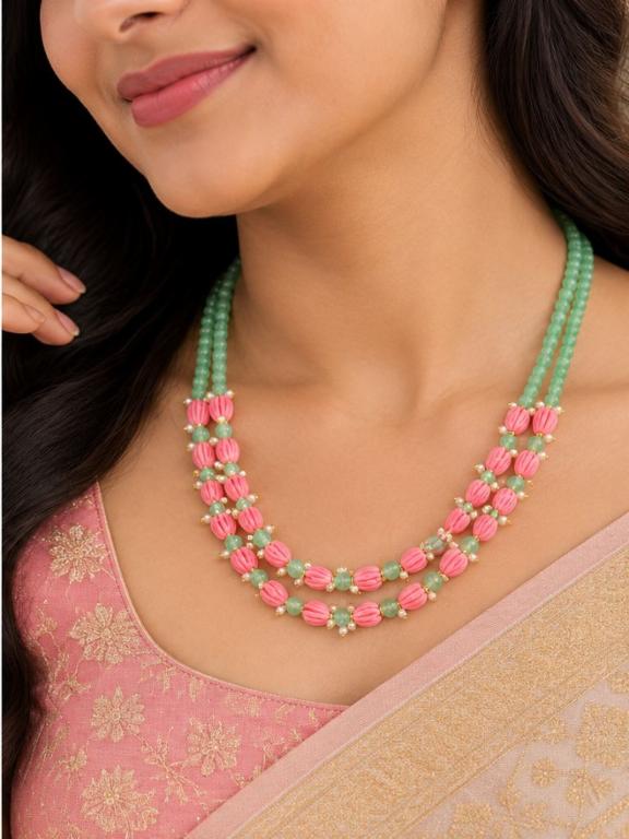 Pink & Green Floral Bead Necklace â Double-Layer Fashion Jewellery