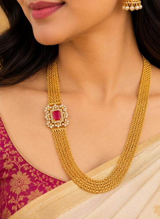 Elegant Ruby Stone Multi-Strand Chandraharam Necklace