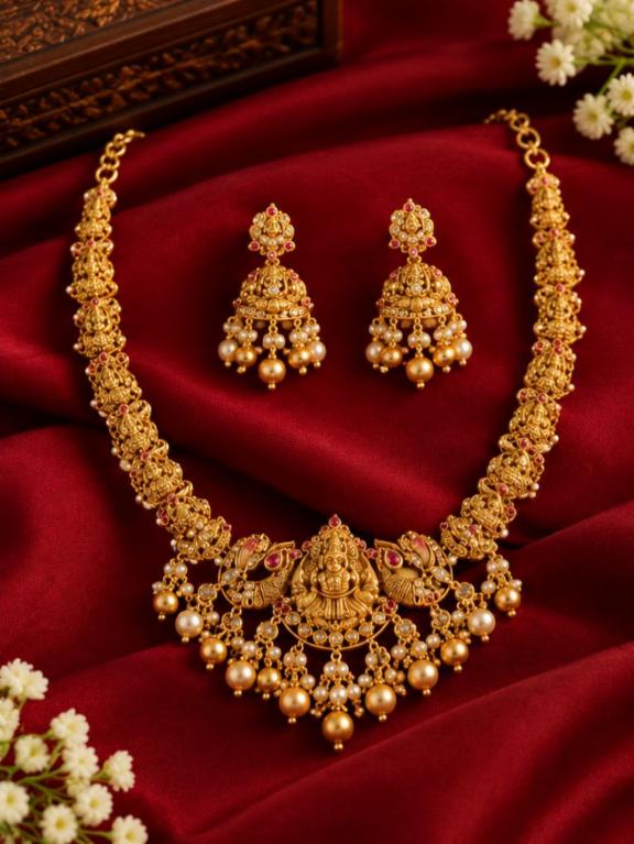 Traditional Temple Design Gold-Tone Necklace Set with Matching Earrings