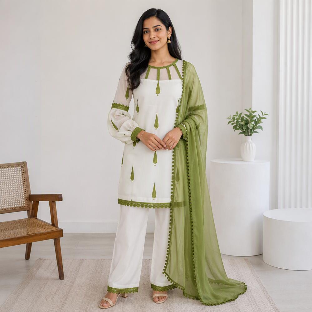 Heavy French Crepe Embroidered Suit Set with Dupatta