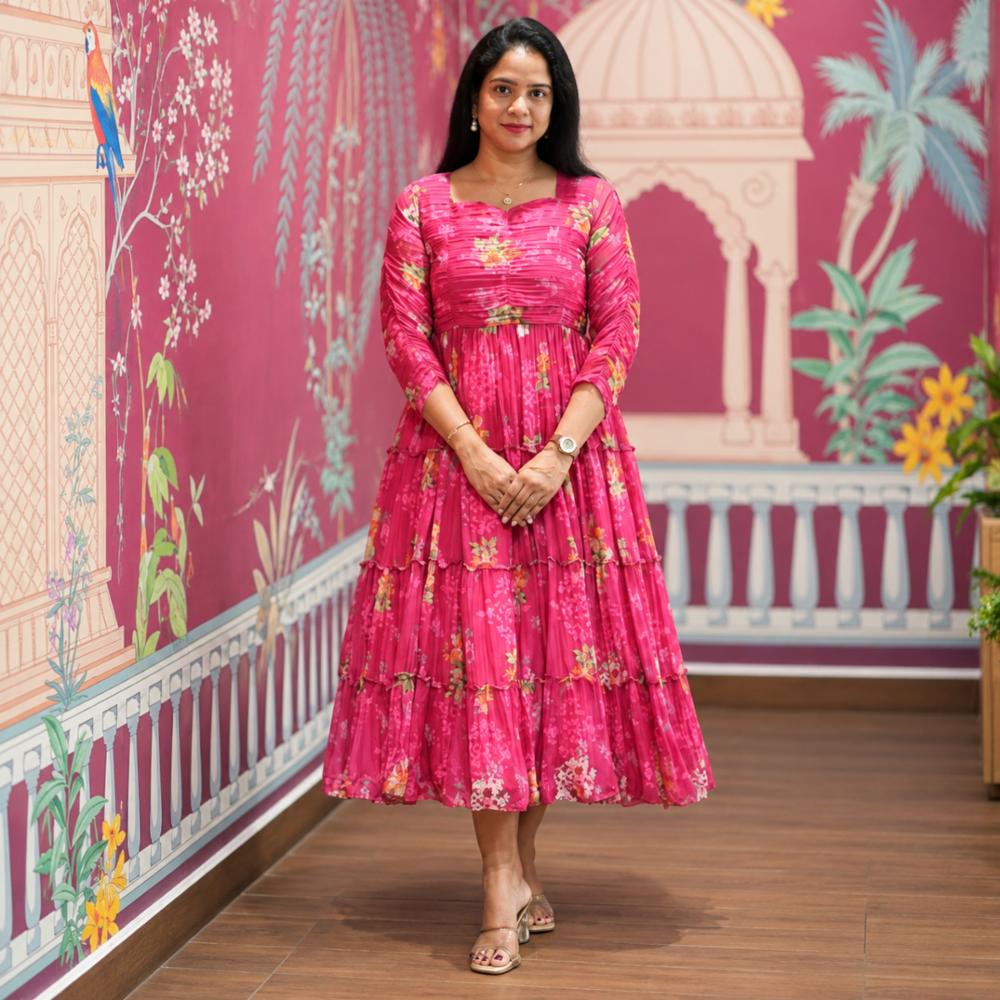 Georgette Flower Print Gown Dress with Micro Cotton Lining