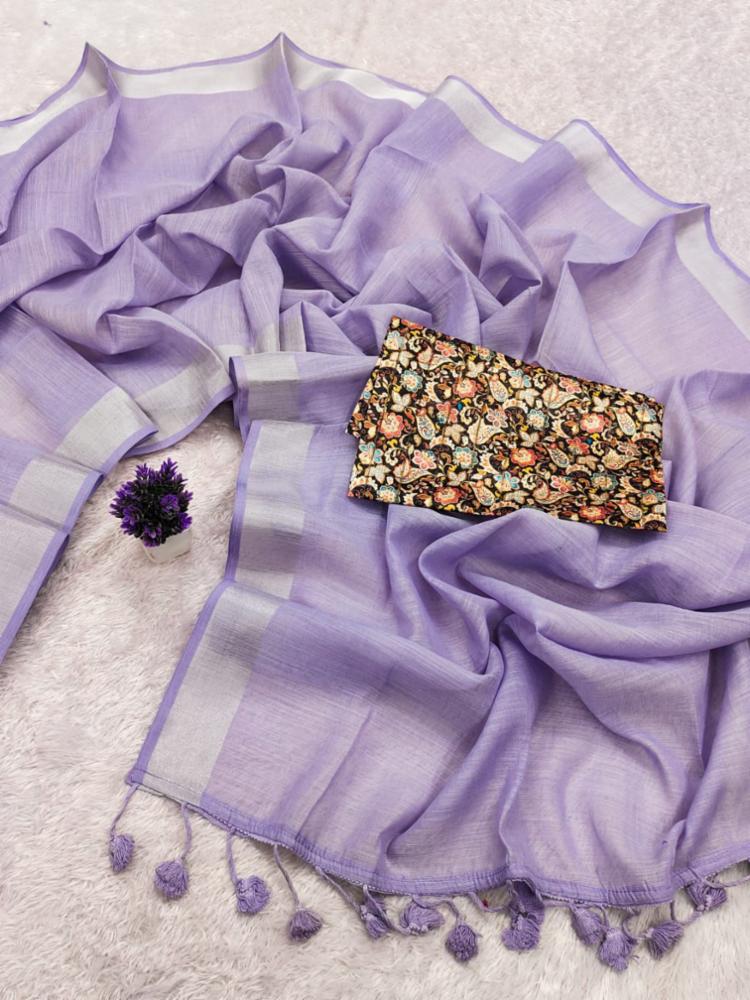 Womenâs Cool Linen Cotton Saree with Digital Printed Blouse