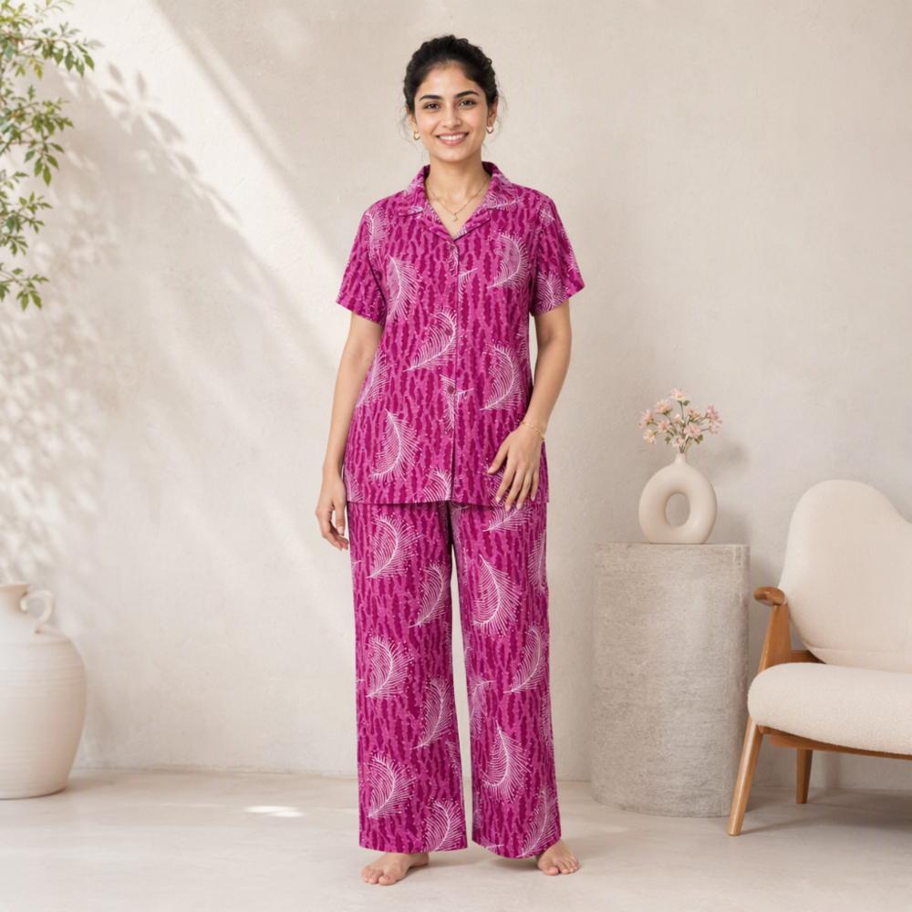 Womenâs Leaf Printed Night Suit with Wide-Leg Pants