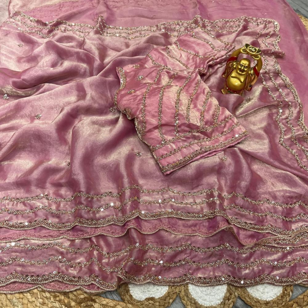 Pure Fandy Satin Silk Saree with Rose Gold Bead Work