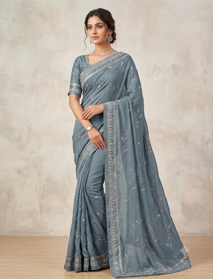 Viscose Georgette Satin Pata Sequin & Handwork Saree