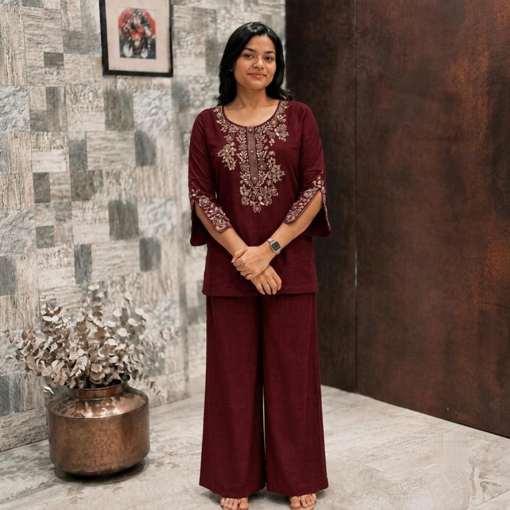 Cotton Embroidery Coord Set with Plazo â Blue, Black, Maroon
