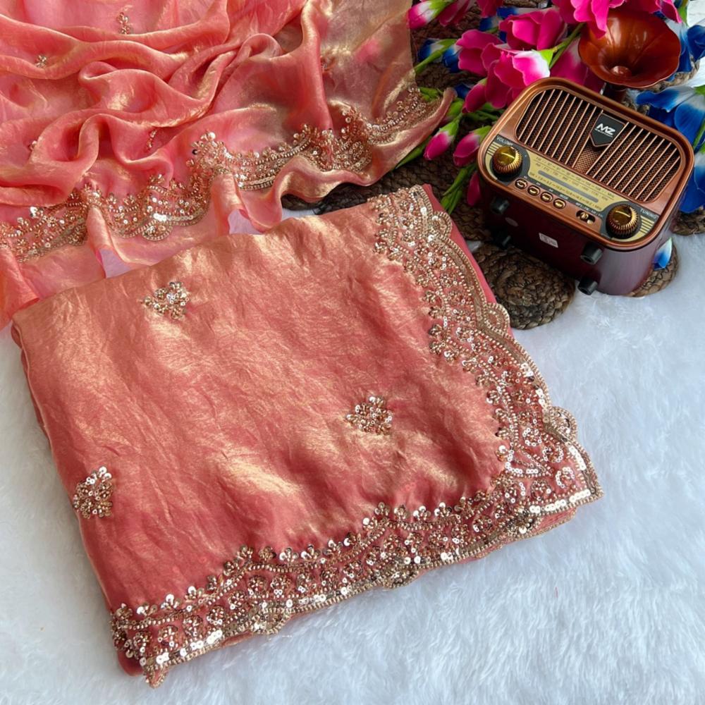 Party Wear Pure Space Silk Saree with Gold Beads Work